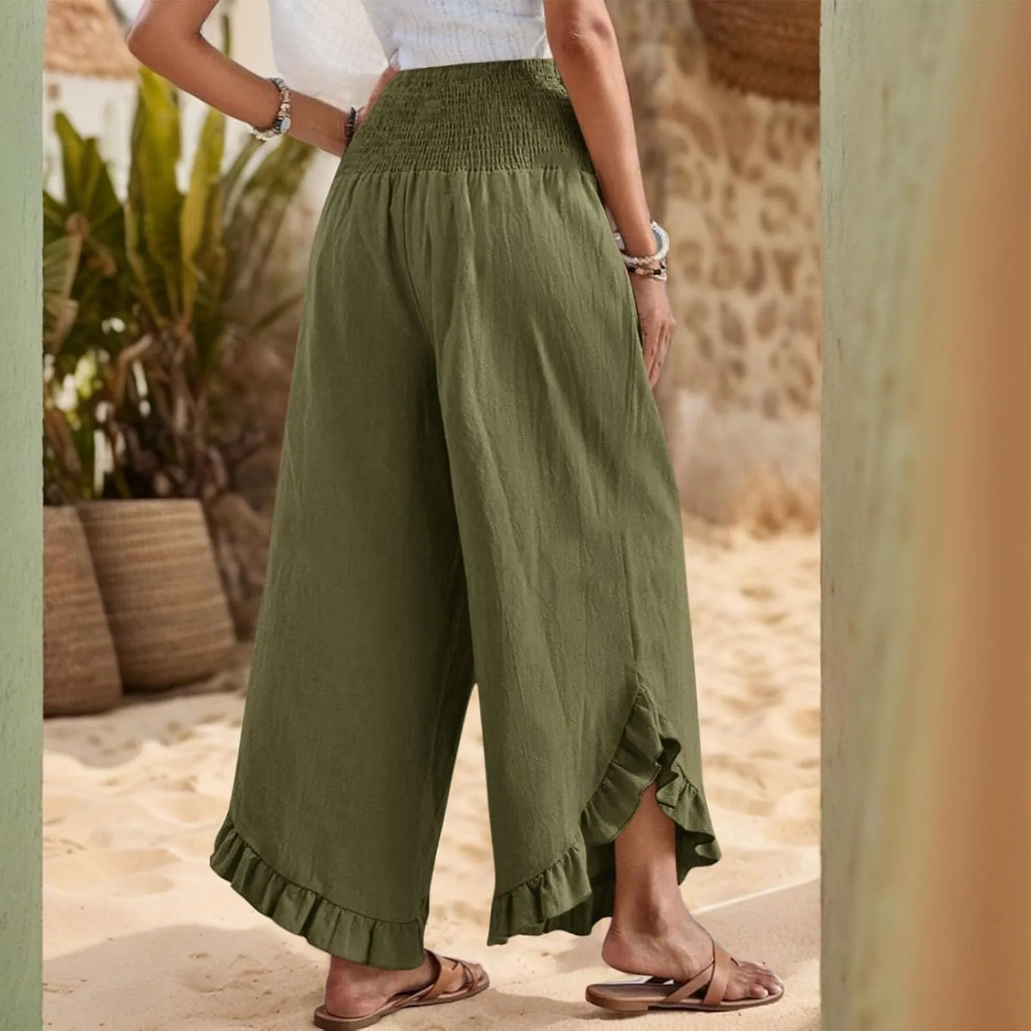 Linen Wide Leg Pants for Women 2025 Stretch Smocked High Waisted Ruffle Hem Palazzo Pants Summer Casual Beach Pant