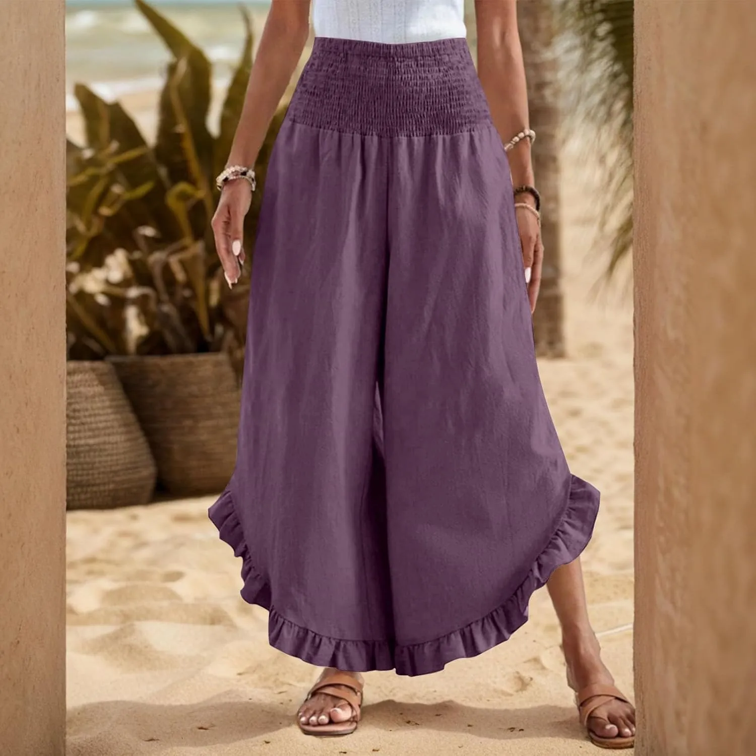 Linen Wide Leg Pants for Women 2025 Stretch Smocked High Waisted Ruffle Hem Palazzo Pants Summer Casual Beach Pant