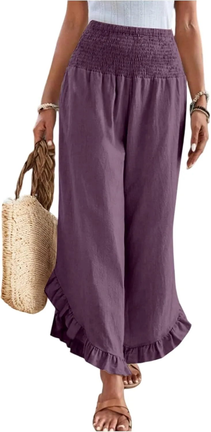 Linen Wide Leg Pants for Women 2025 Stretch Smocked High Waisted Ruffle Hem Palazzo Pants Summer Casual Beach Pant