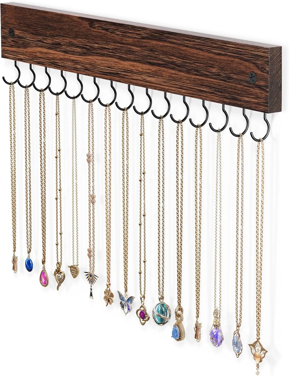 Lolalet Wooden Necklace Holder for Wall with 15 Hooks, Necklaces Hanger Easy Install Wall Mount Necklace Organizer, Jewelry Hangers for Chains, Bracelets, Earrings -Brown