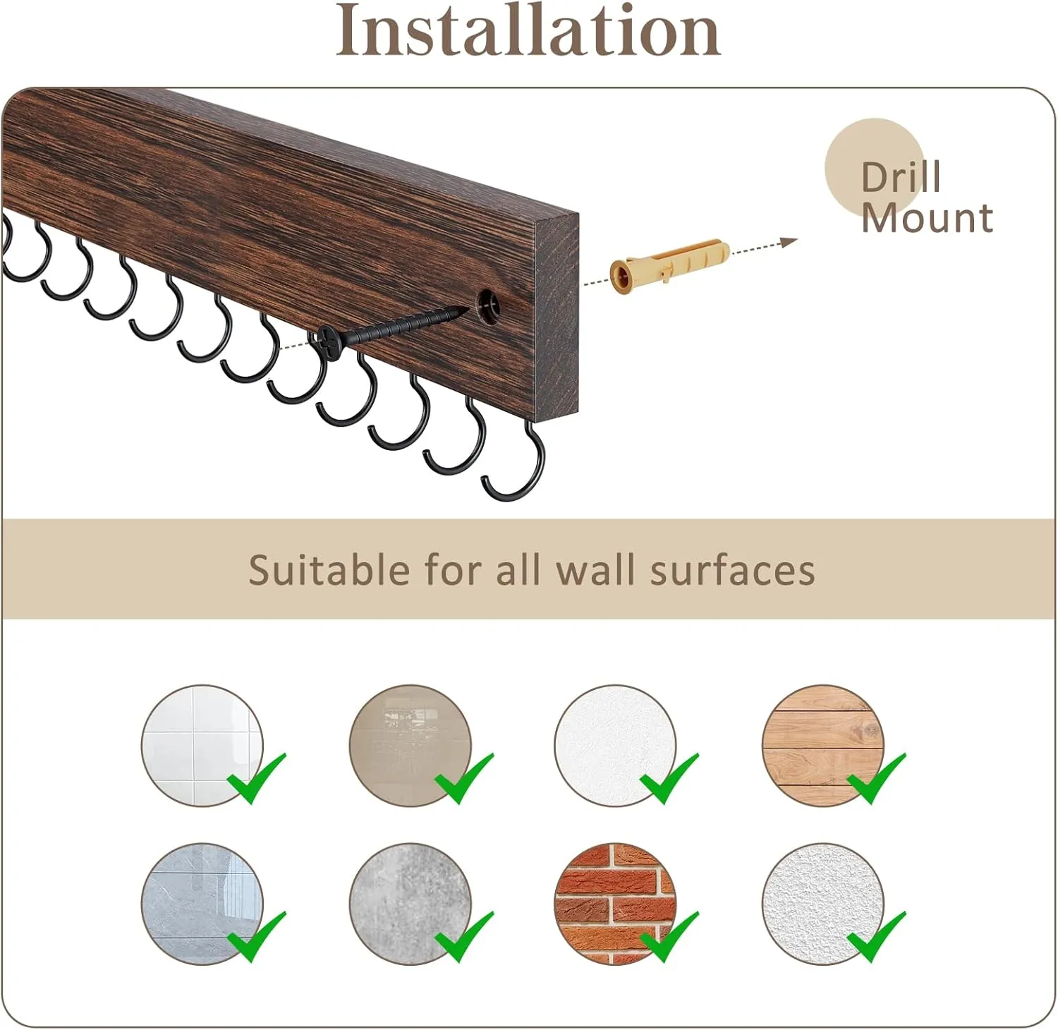 Lolalet Wooden Necklace Holder for Wall with 15 Hooks, Necklaces Hanger Easy Install Wall Mount Necklace Organizer, Jewelry Hangers for Chains, Bracelets, Earrings -Brown