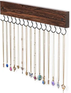 Lolalet Wooden Necklace Holder for Wall with 15 Hooks, Necklaces Hanger Easy Install Wall Mount Necklace Organizer, Jewelry Hangers for Chains, Bracelets, Earrings -Brown