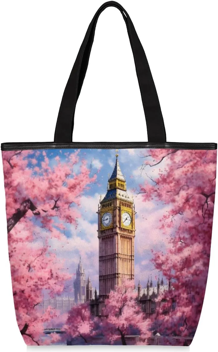 London Big Ben Canvas Tote Bag for Women Large Tote Bag with Zipper & Pockets Canvas Beach Bag Shoulder Bag Reusable Shopping Bags Cute Tote Bags for Work Travel