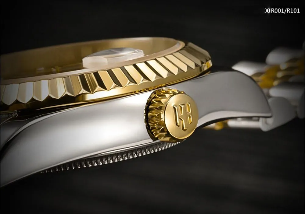 LOREO Mens Quartz Gold Watch Diamond Dial Stainless Steel Bracelet Sapphire Glass Dress Classic Date Waterproof Watches