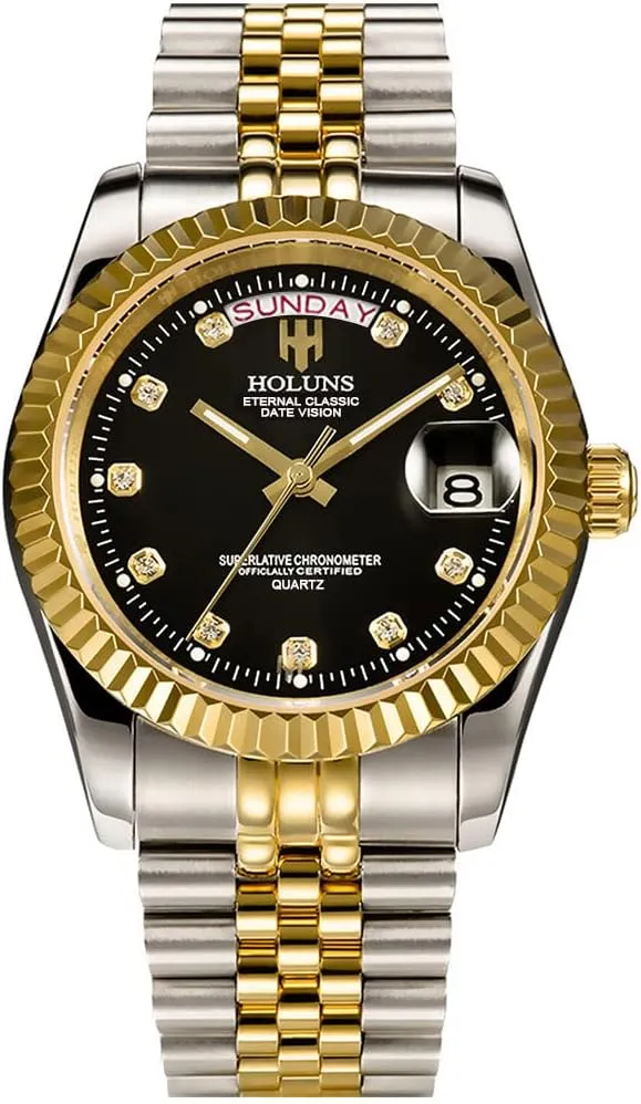 LOREO Mens Quartz Gold Watch Diamond Dial Stainless Steel Bracelet Sapphire Glass Dress Classic Date Waterproof Watches