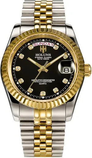 LOREO Mens Quartz Gold Watch Diamond Dial Stainless Steel Bracelet Sapphire Glass Dress Classic Date Waterproof Watches