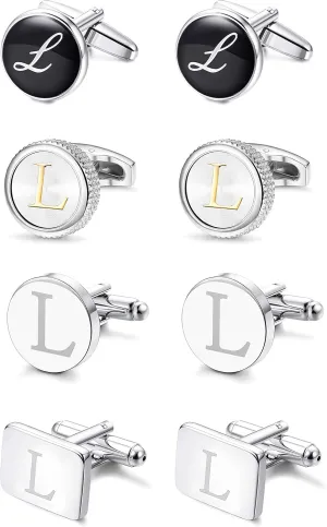 LOYALLOOK 4Pairs Men's Initial L Letter Shirts Cufflinks Engraved Shirt Cufflink Alphabet Set Fashion Dazzle Tuxedo Cufflinks Business Wedding Father's DayGift
