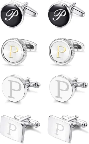 LOYALLOOK 4PCS Men's Initial P Fashion Dazzle Tuxedo Shirts Cufflinks Initial Letter Engraved Shirt Cufflink Alphabet Set Business Wedding Gift