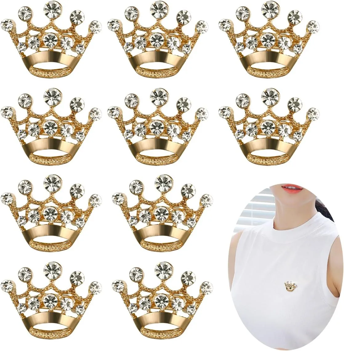 LUOEM 12 Pieces Crown Brooch Pin Fashion Diamante Wedding Party Pageant Tiara Crown Corsage for Wedding Valentine's Day Supplies (Gold)