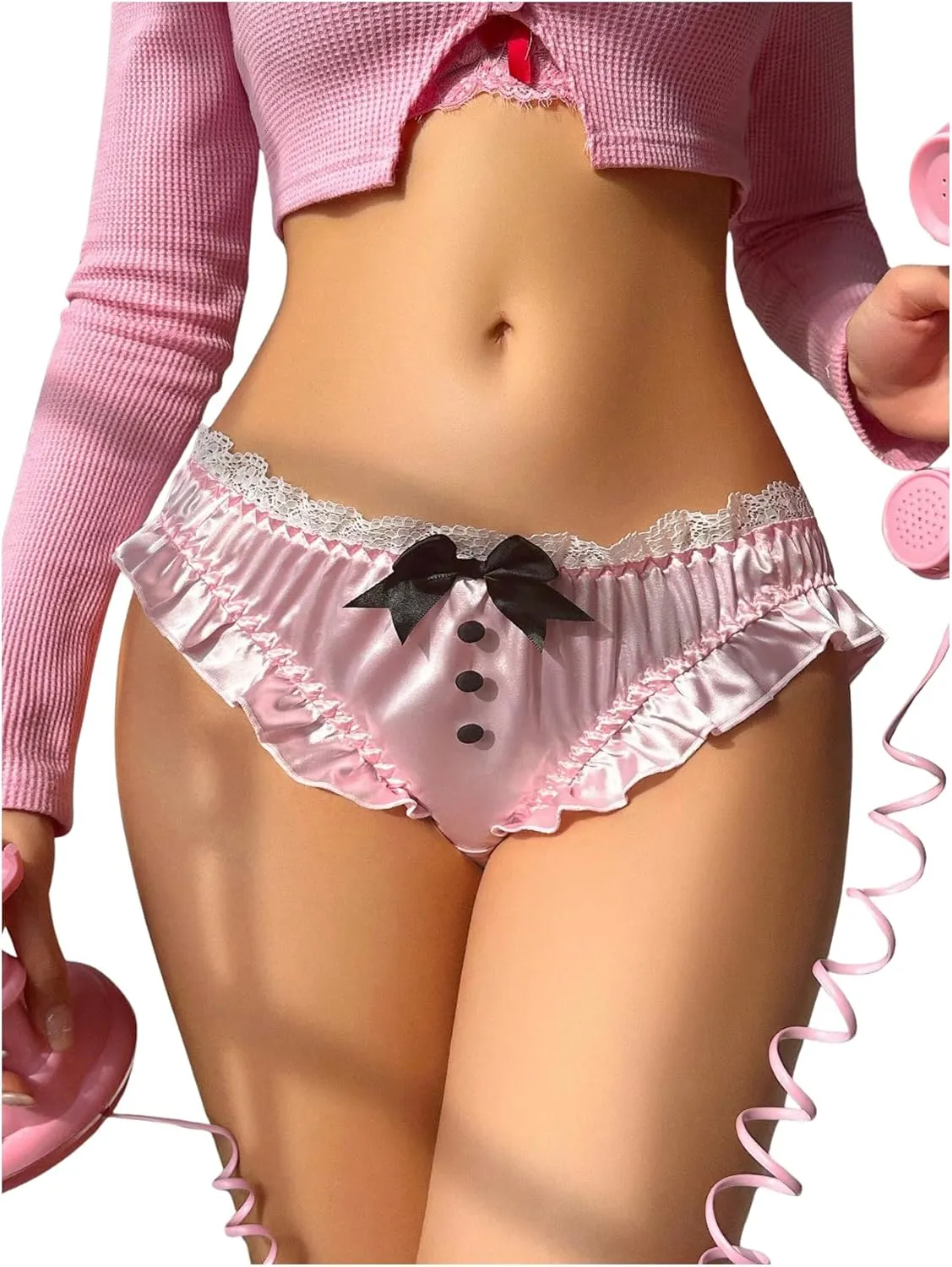 MakeMeChic Women's Bow Lace Trim Briefs Ruffle Hem Cute Panties Underwear