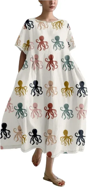 MARSVOVO Summer Dresses for Women 2024 Plus Size Classic Octopus Pattern Loose Crew Neck Short Sleeve Loose Maxi Dress