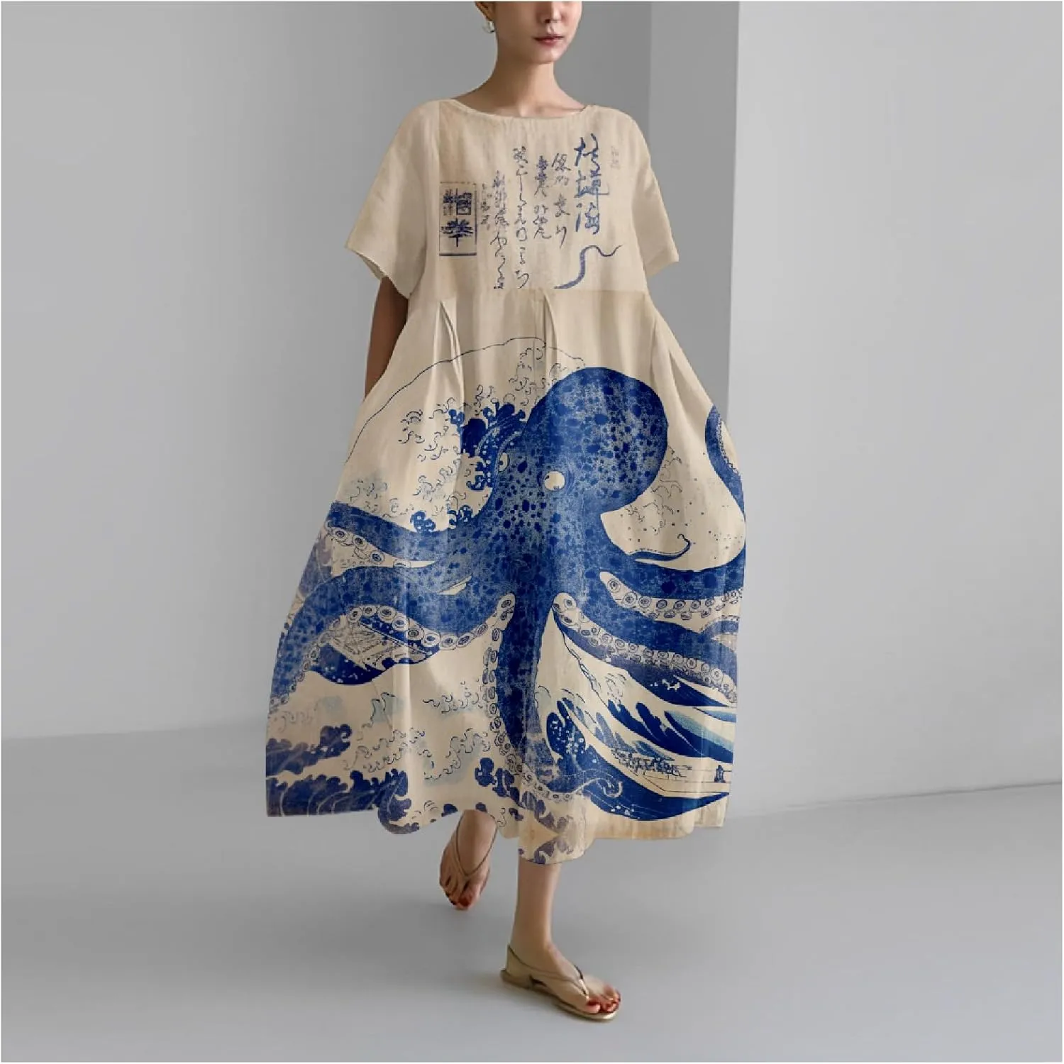 MARSVOVO Summer Dresses for Women 2024 Plus Size Classic Octopus Pattern Loose Crew Neck Short Sleeve Loose Maxi Dress