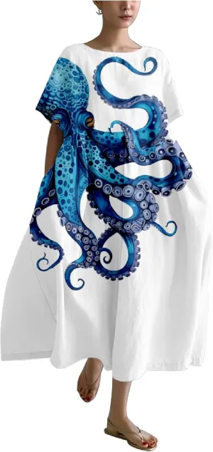 MARSVOVO Summer Dresses for Women 2024 Plus Size Classic Octopus Pattern Loose Crew Neck Short Sleeve Loose Maxi Dress