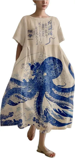 MARSVOVO Summer Dresses for Women 2024 Plus Size Classic Octopus Pattern Loose Crew Neck Short Sleeve Loose Maxi Dress