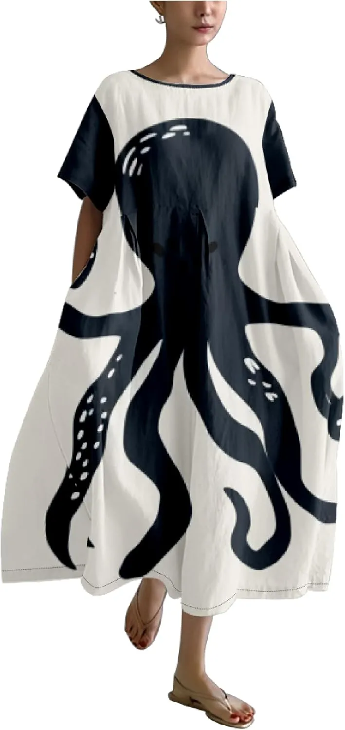 MARSVOVO Summer Dresses for Women 2024 Plus Size Classic Octopus Pattern Loose Crew Neck Short Sleeve Loose Maxi Dress