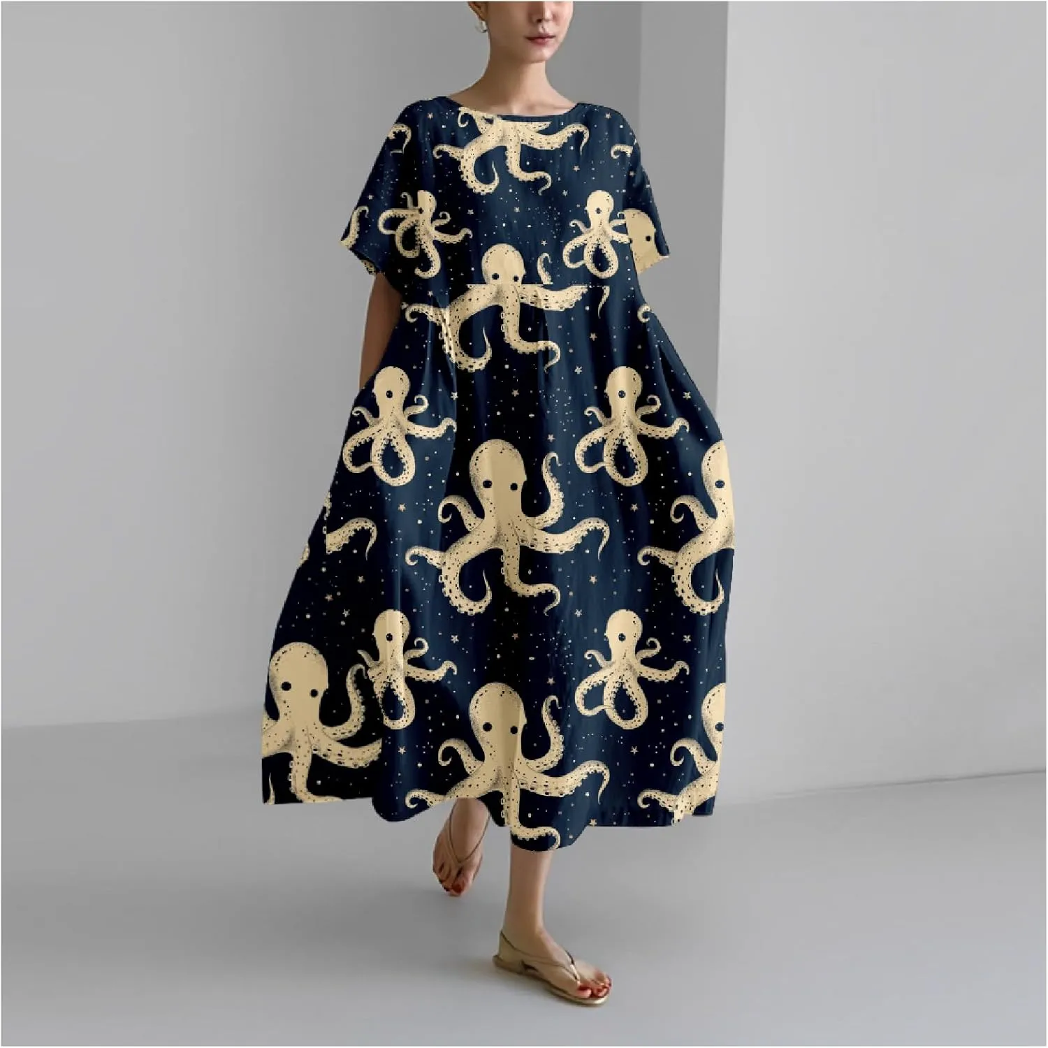 MARSVOVO Summer Dresses for Women 2024 Plus Size Classic Octopus Pattern Loose Crew Neck Short Sleeve Loose Maxi Dress