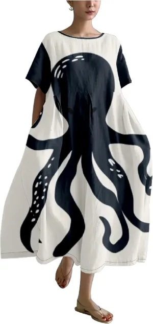 MARSVOVO Summer Dresses for Women 2024 Plus Size Classic Octopus Pattern Loose Crew Neck Short Sleeve Loose Maxi Dress