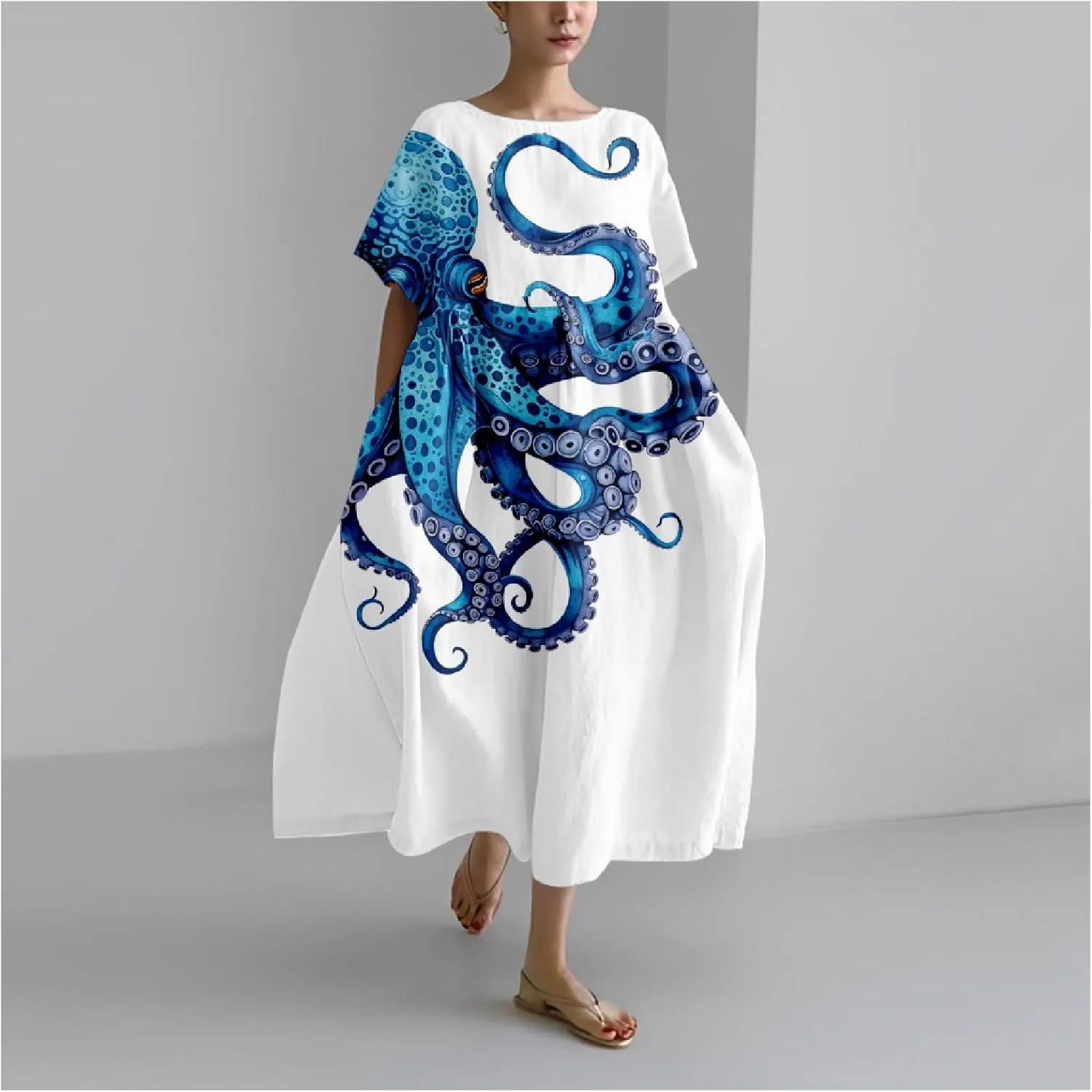 MARSVOVO Summer Dresses for Women 2024 Plus Size Classic Octopus Pattern Loose Crew Neck Short Sleeve Loose Maxi Dress