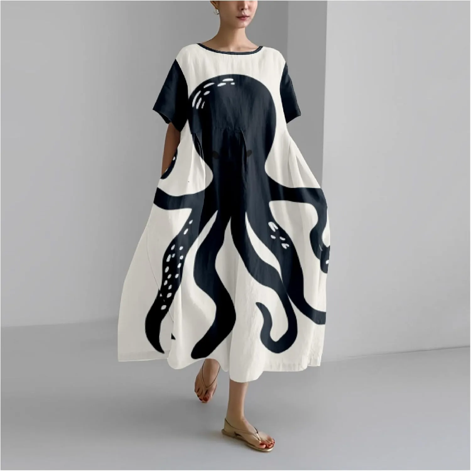 MARSVOVO Summer Dresses for Women 2024 Plus Size Classic Octopus Pattern Loose Crew Neck Short Sleeve Loose Maxi Dress