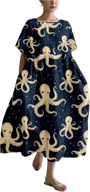 MARSVOVO Summer Dresses for Women 2024 Plus Size Classic Octopus Pattern Loose Crew Neck Short Sleeve Loose Maxi Dress