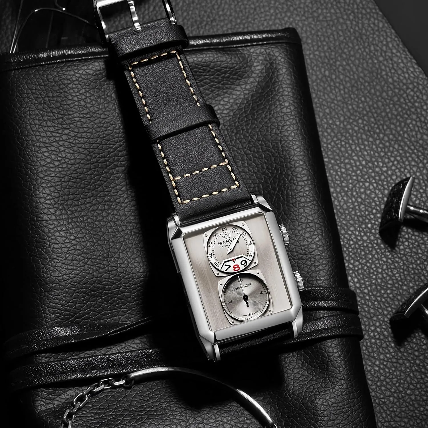 marvin Watches for Men Swiss Mens Watch in Stainless Steel with Leather Strap and Rectangular Sapphire Glass Dial, Quartz Movement, 50M Waterproof