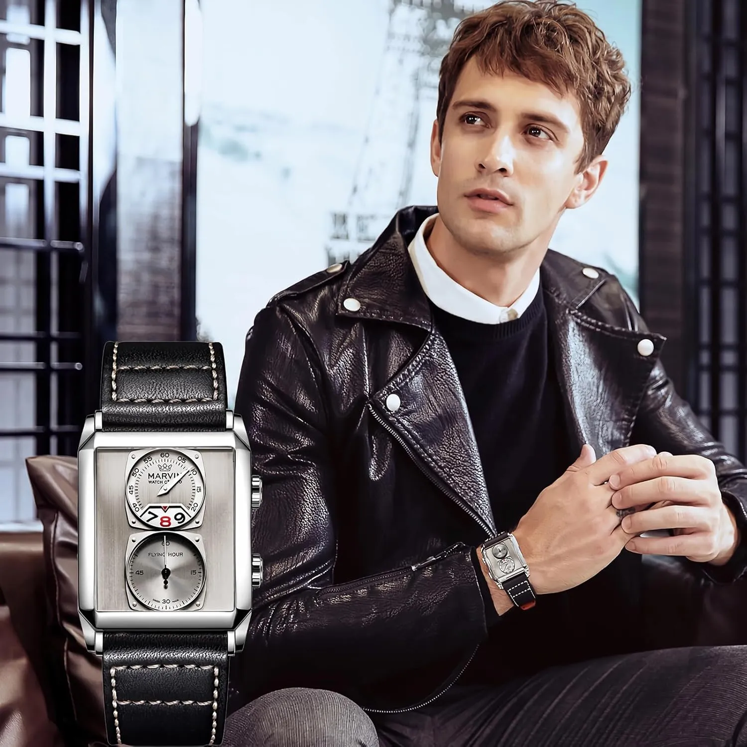 marvin Watches for Men Swiss Mens Watch in Stainless Steel with Leather Strap and Rectangular Sapphire Glass Dial, Quartz Movement, 50M Waterproof
