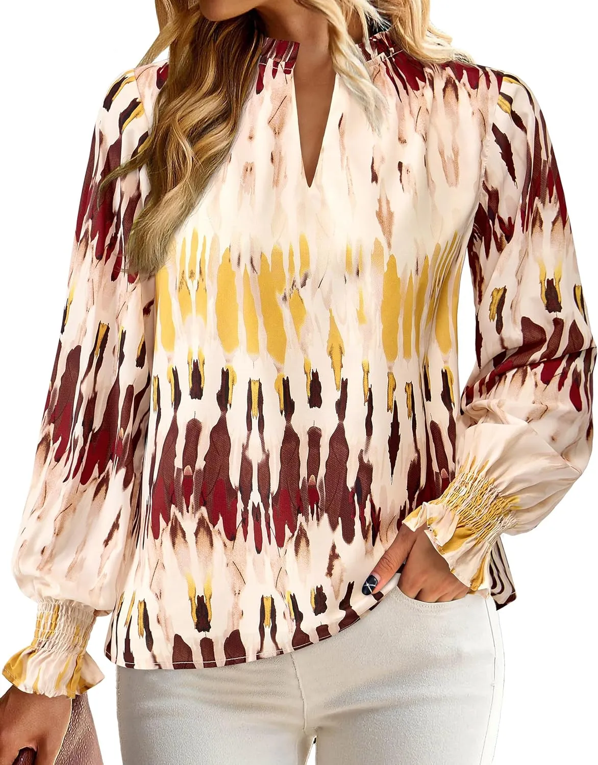 MASCOMODA Womens V Neck Floral Long Sleeve Tops 2025 Summer Casual Loose Puff Sleeve Chiffon Boho Work Blouse Dressy T Shirts