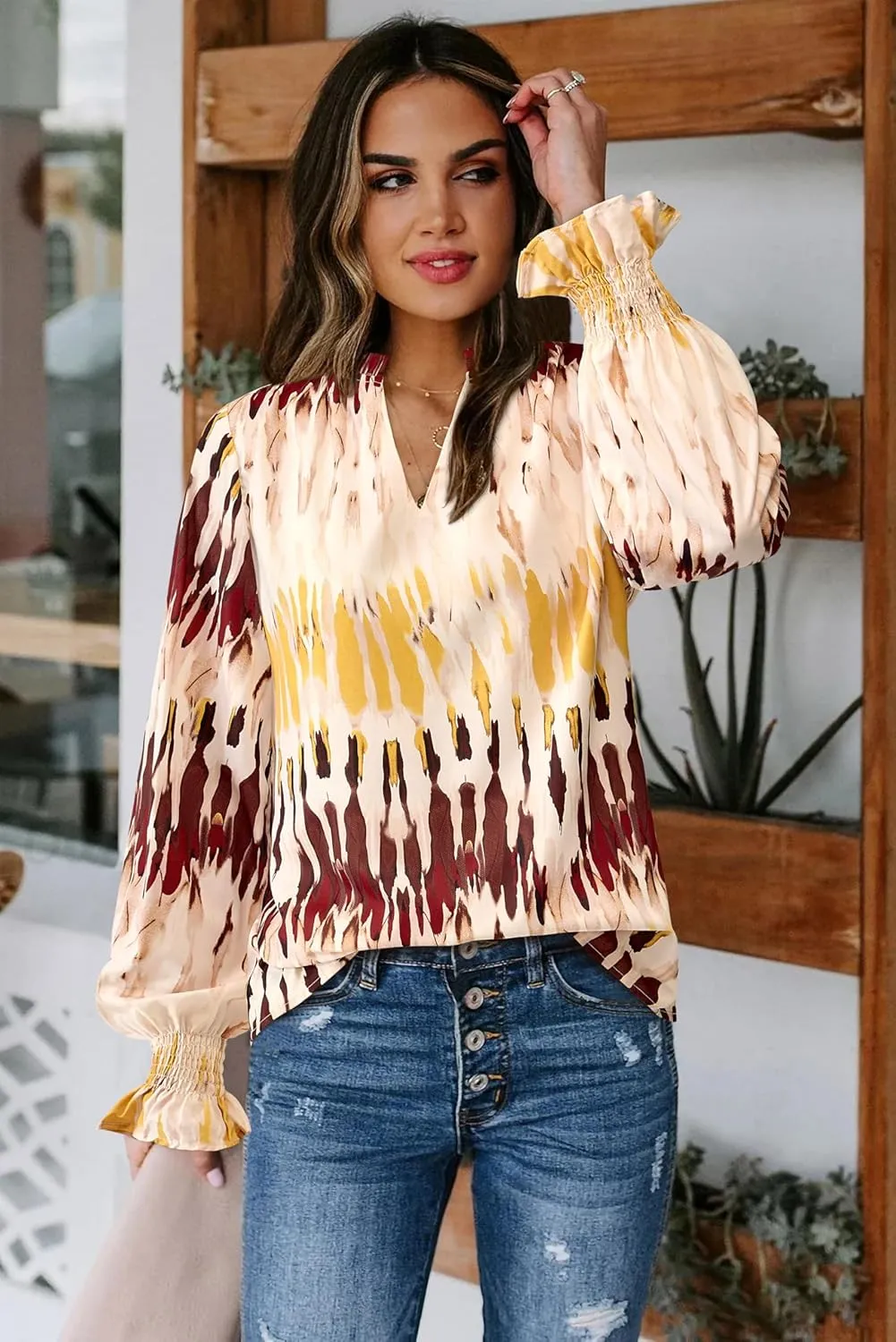 MASCOMODA Womens V Neck Floral Long Sleeve Tops 2025 Summer Casual Loose Puff Sleeve Chiffon Boho Work Blouse Dressy T Shirts