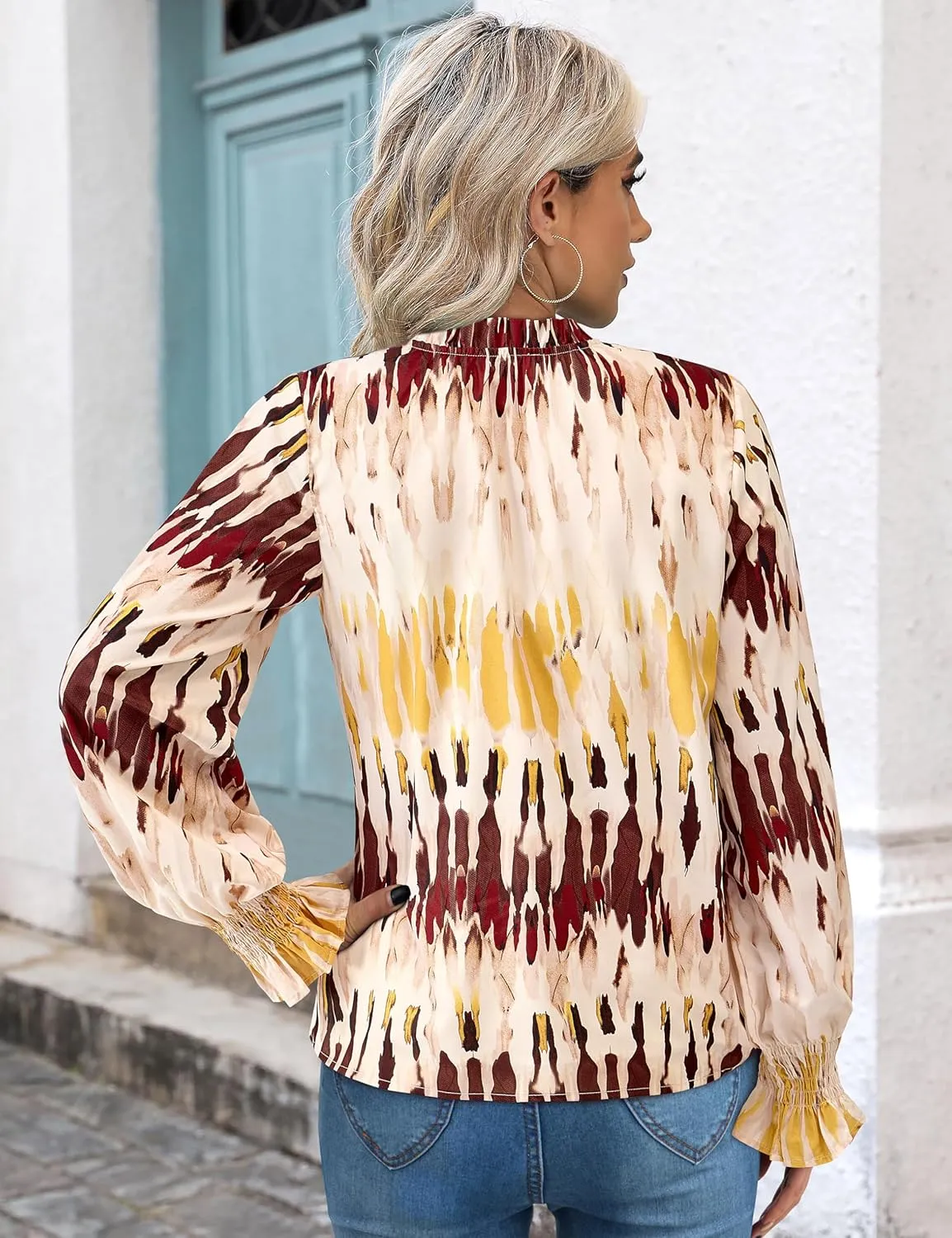 MASCOMODA Womens V Neck Floral Long Sleeve Tops 2025 Summer Casual Loose Puff Sleeve Chiffon Boho Work Blouse Dressy T Shirts