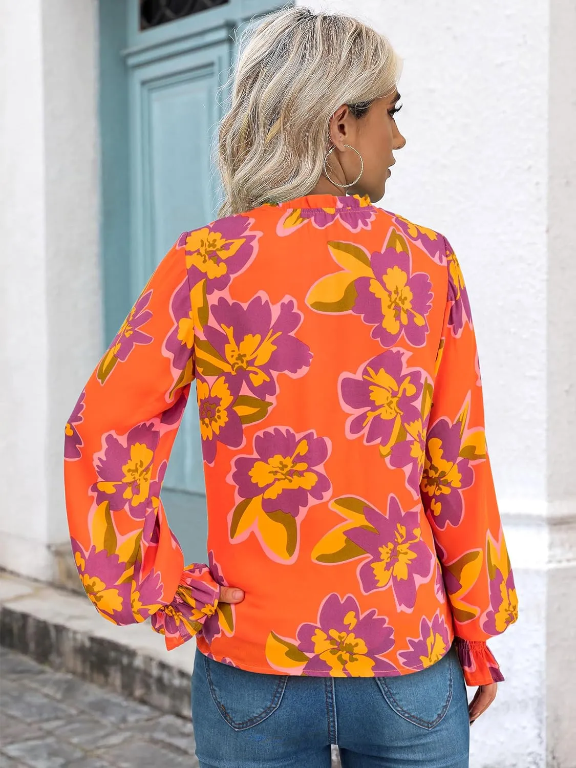 MASCOMODA Womens V Neck Floral Long Sleeve Tops 2025 Summer Casual Loose Puff Sleeve Chiffon Boho Work Blouse Dressy T Shirts