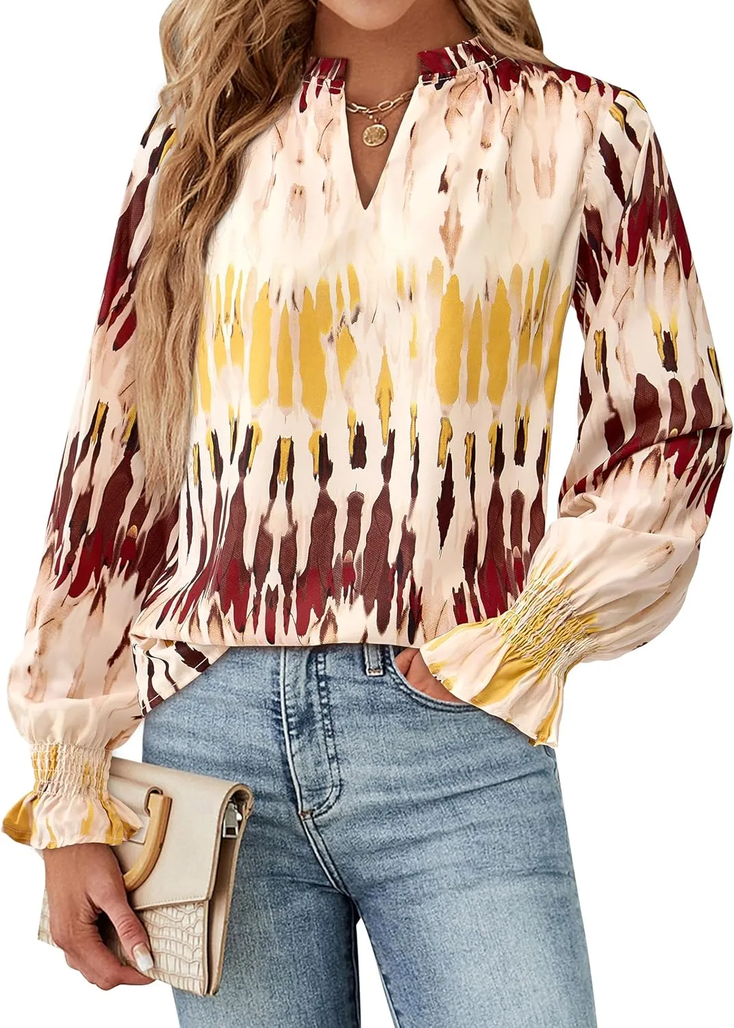 MASCOMODA Womens V Neck Floral Long Sleeve Tops 2025 Summer Casual Loose Puff Sleeve Chiffon Boho Work Blouse Dressy T Shirts
