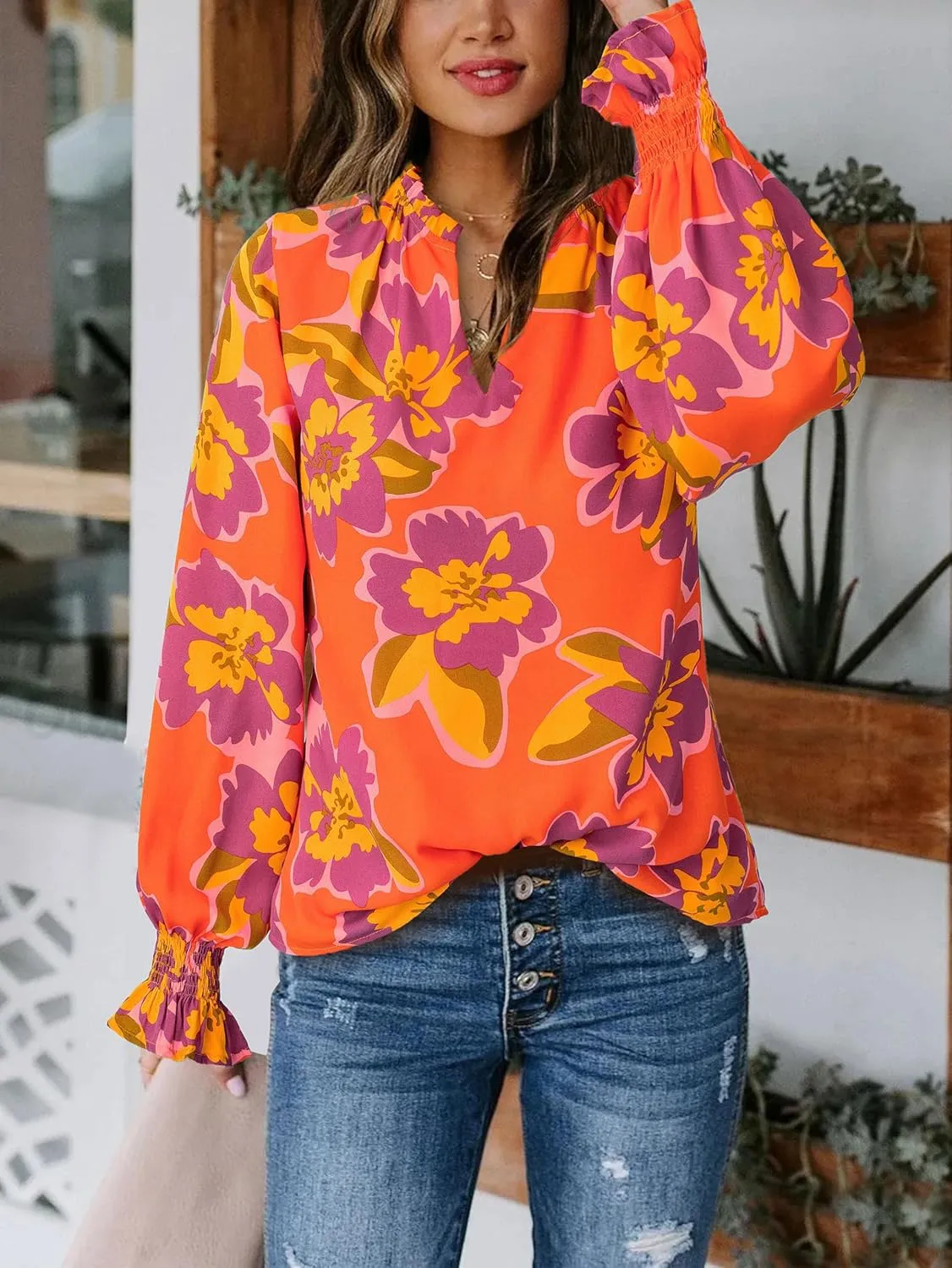 MASCOMODA Womens V Neck Floral Long Sleeve Tops 2025 Summer Casual Loose Puff Sleeve Chiffon Boho Work Blouse Dressy T Shirts
