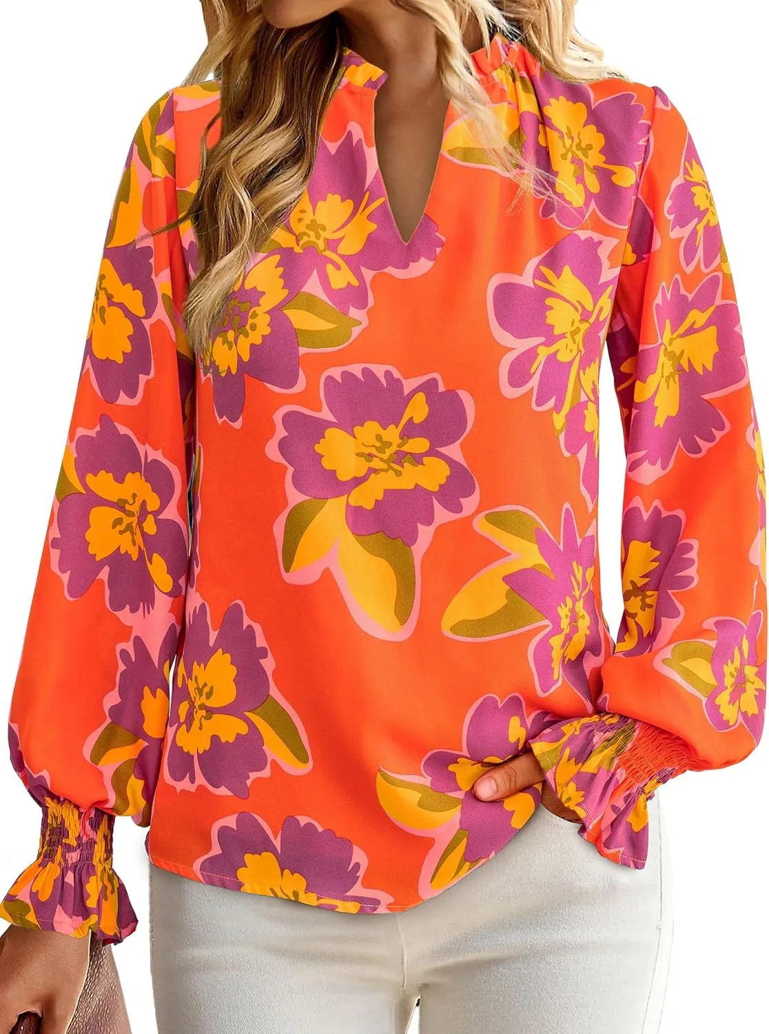 MASCOMODA Womens V Neck Floral Long Sleeve Tops 2025 Summer Casual Loose Puff Sleeve Chiffon Boho Work Blouse Dressy T Shirts