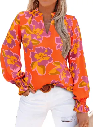 MASCOMODA Womens V Neck Floral Long Sleeve Tops 2025 Summer Casual Loose Puff Sleeve Chiffon Boho Work Blouse Dressy T Shirts