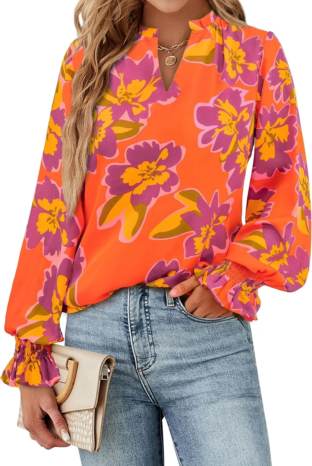 MASCOMODA Womens V Neck Floral Long Sleeve Tops 2025 Summer Casual Loose Puff Sleeve Chiffon Boho Work Blouse Dressy T Shirts