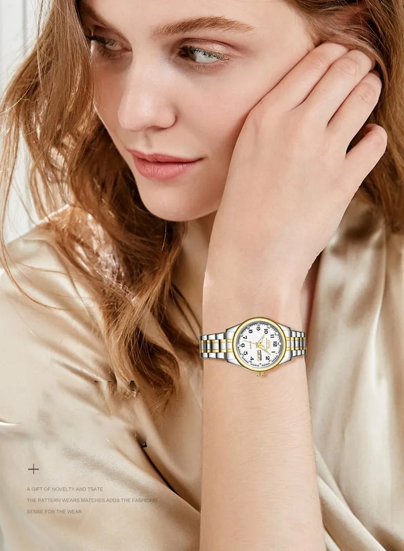 MASTOP Fashion Elegant Watch Minimalist Dual Calendar Luminous Waterproof Quartz Watch with Gold Stainless Steel Watches for Women