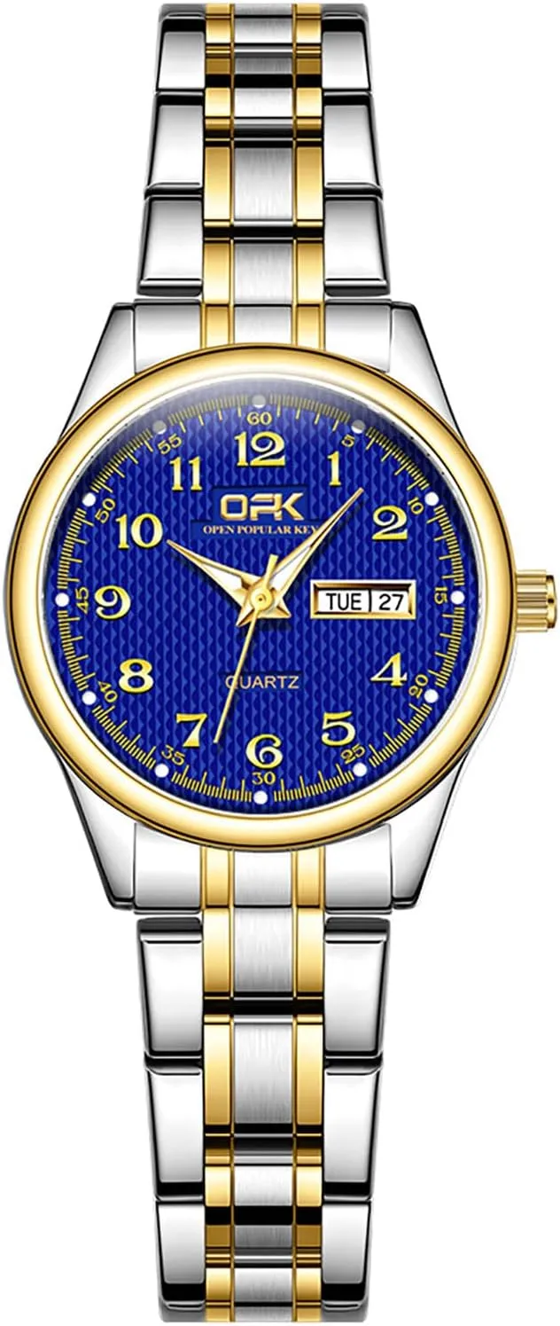 MASTOP Fashion Elegant Watch Minimalist Dual Calendar Luminous Waterproof Quartz Watch with Gold Stainless Steel Watches for Women