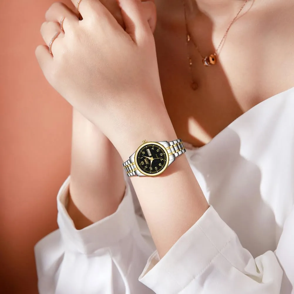 MASTOP Fashion Elegant Watch Minimalist Dual Calendar Luminous Waterproof Quartz Watch with Gold Stainless Steel Watches for Women