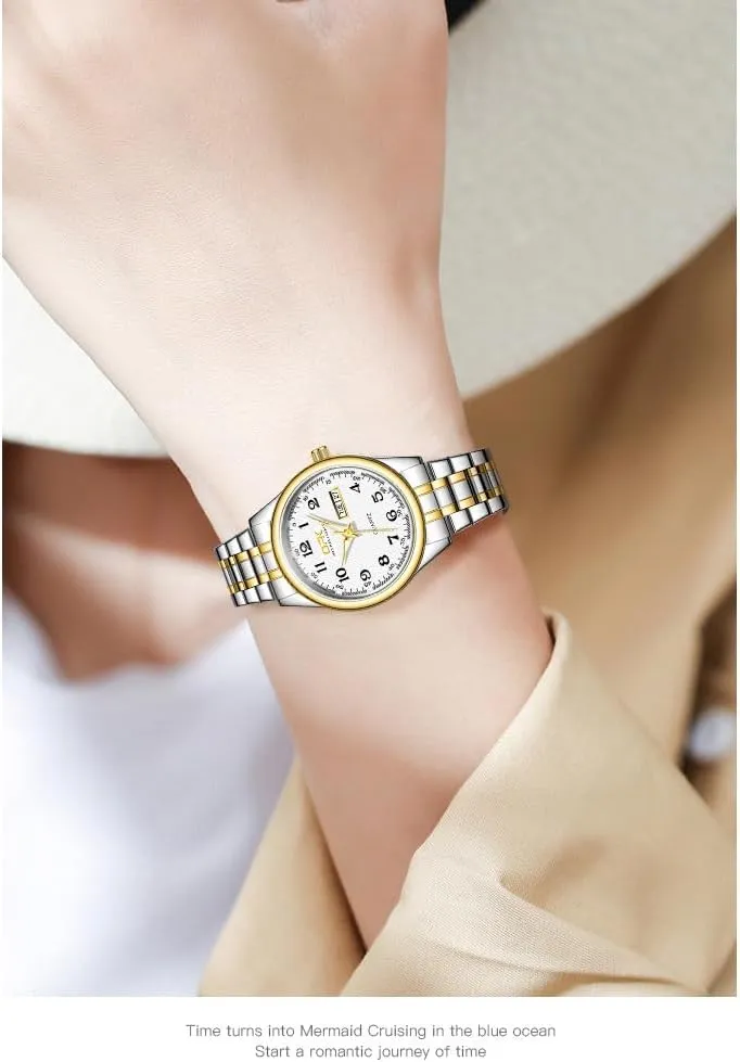 MASTOP Fashion Elegant Watch Minimalist Dual Calendar Luminous Waterproof Quartz Watch with Gold Stainless Steel Watches for Women
