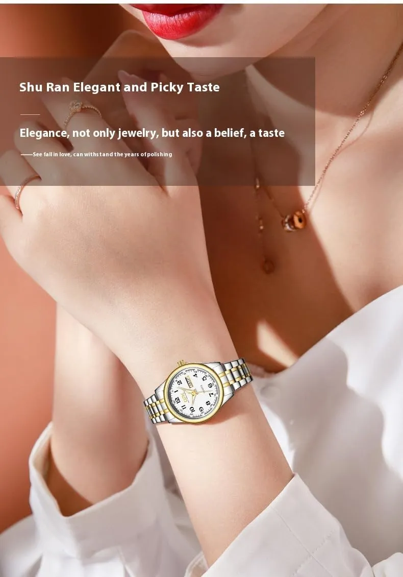 MASTOP Fashion Elegant Watch Minimalist Dual Calendar Luminous Waterproof Quartz Watch with Gold Stainless Steel Watches for Women