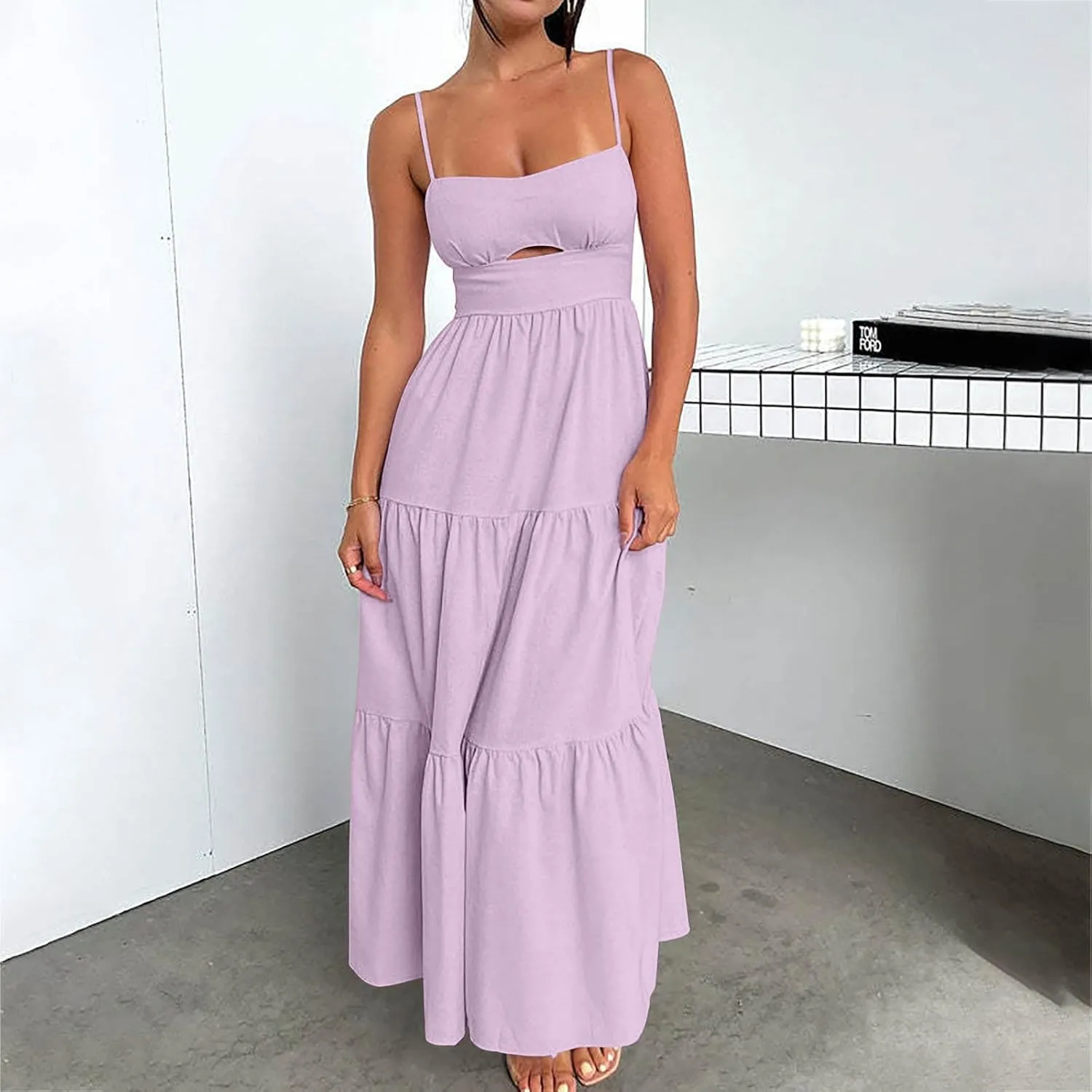Maxi Dresses for Women Front Cutout Straps Elegant Wrap Dress Square Neck Sleeveless Flowy Ruffle Tiered Sun Dress