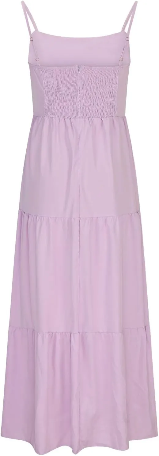 Maxi Dresses for Women Front Cutout Straps Elegant Wrap Dress Square Neck Sleeveless Flowy Ruffle Tiered Sun Dress