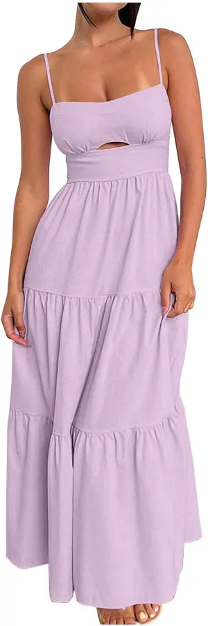 Maxi Dresses for Women Front Cutout Straps Elegant Wrap Dress Square Neck Sleeveless Flowy Ruffle Tiered Sun Dress