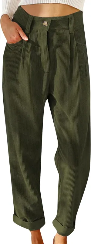 MAYRAIN Womens High Waisted Oversized Corduroy Pants Baggy Straight Leg Trousers Classic Pleated Pocketed Pants