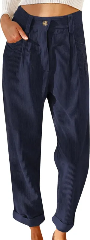 MAYRAIN Womens High Waisted Oversized Corduroy Pants Baggy Straight Leg Trousers Classic Pleated Pocketed Pants