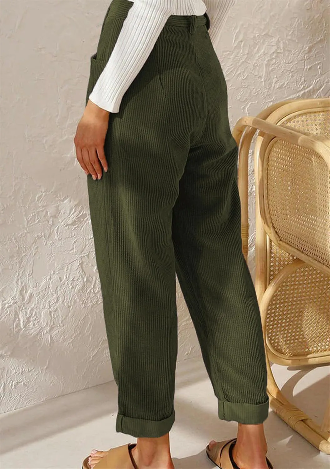 MAYRAIN Womens High Waisted Oversized Corduroy Pants Baggy Straight Leg Trousers Classic Pleated Pocketed Pants