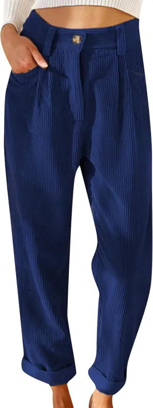 MAYRAIN Womens High Waisted Oversized Corduroy Pants Baggy Straight Leg Trousers Classic Pleated Pocketed Pants