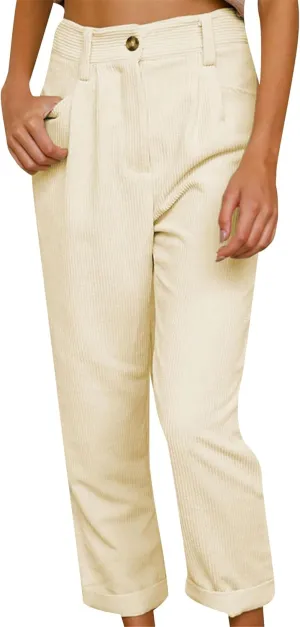 MAYRAIN Womens High Waisted Oversized Corduroy Pants Baggy Straight Leg Trousers Classic Pleated Pocketed Pants