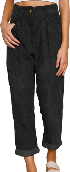MAYRAIN Womens High Waisted Oversized Corduroy Pants Baggy Straight Leg Trousers Classic Pleated Pocketed Pants