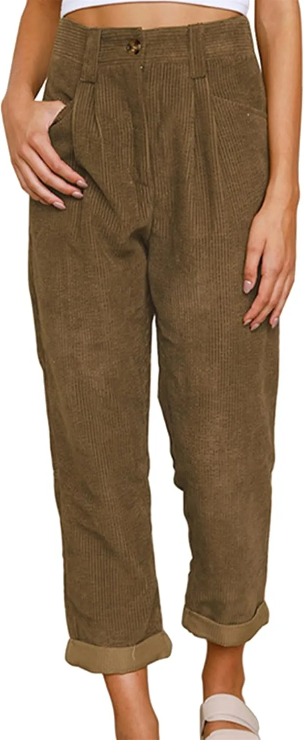 MAYRAIN Womens High Waisted Oversized Corduroy Pants Baggy Straight Leg Trousers Classic Pleated Pocketed Pants